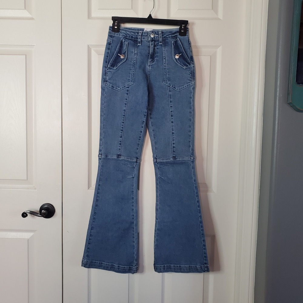 Princess Polly Mid-rise Flare Blue Denim Jeans Front Stitching Retro Preppy Sz 0